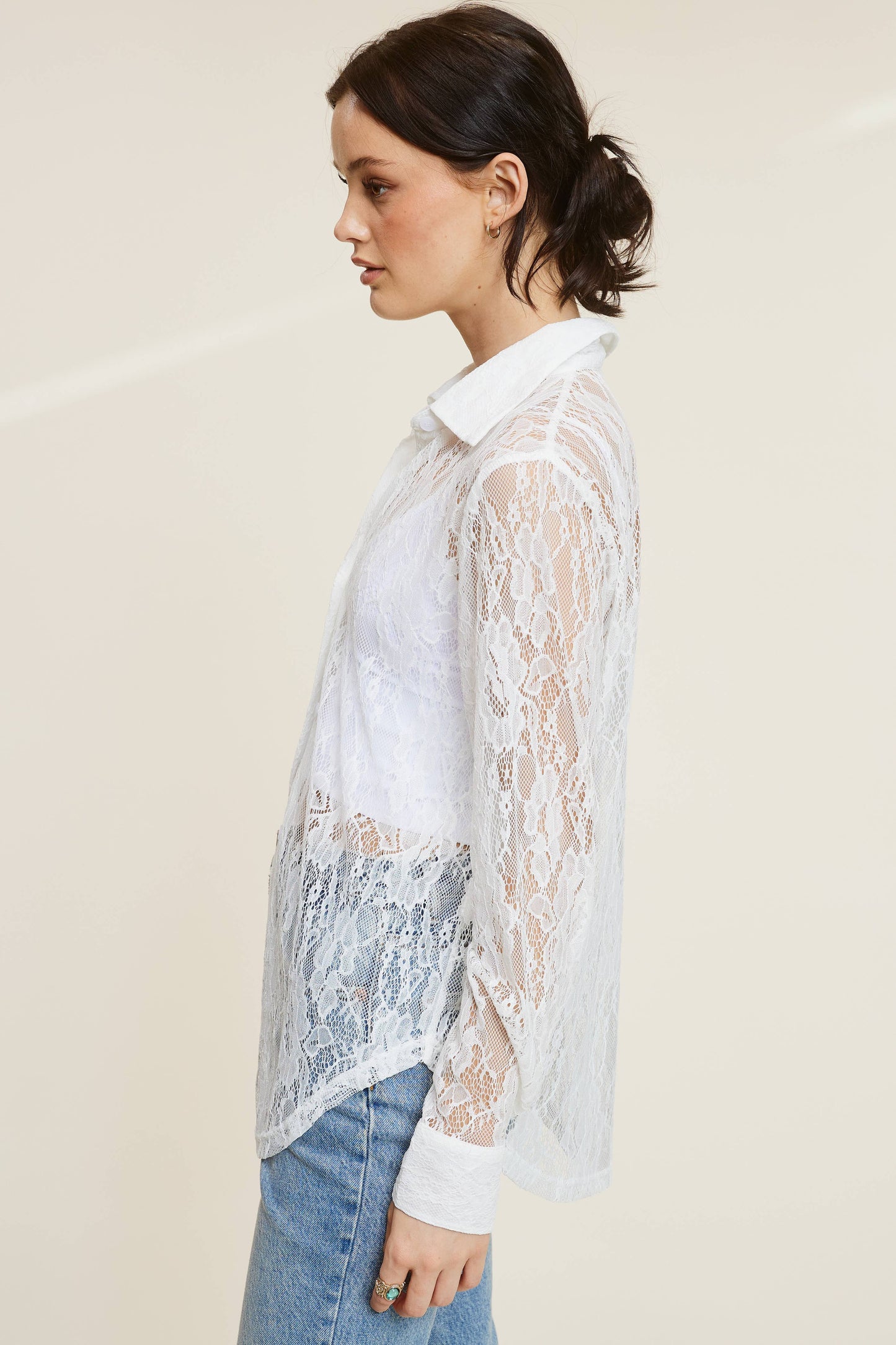 LONG SLEEVE SHEER LACE BUTTON-DOWN SHIRT WITH COLLAR