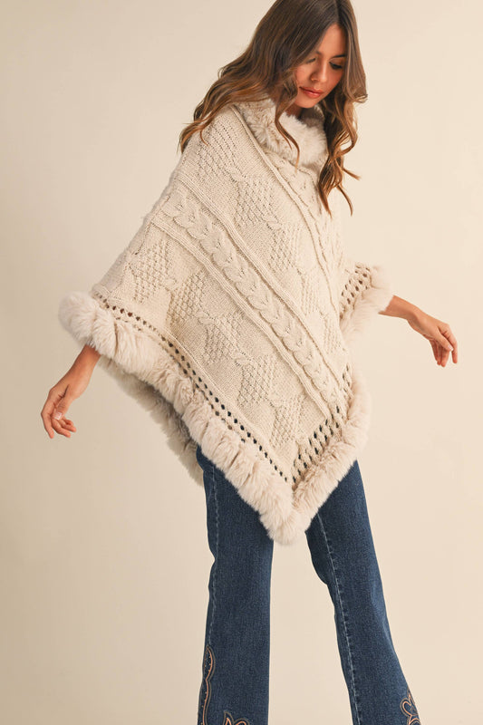 FAUX FUR TRIM SWEATER PONCHO