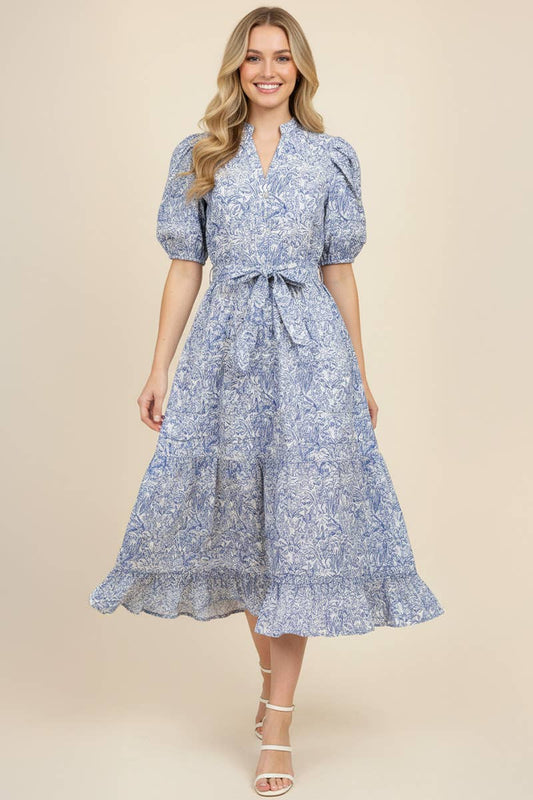 FLORAL PRINT TIERED MIDI DRESS WITH PUFF SLEEVES - 5704DB