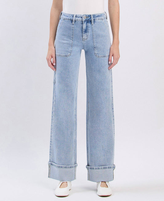 HIGH RISE CARPENTER POCKET CUFFED WIDE LEG JEANS