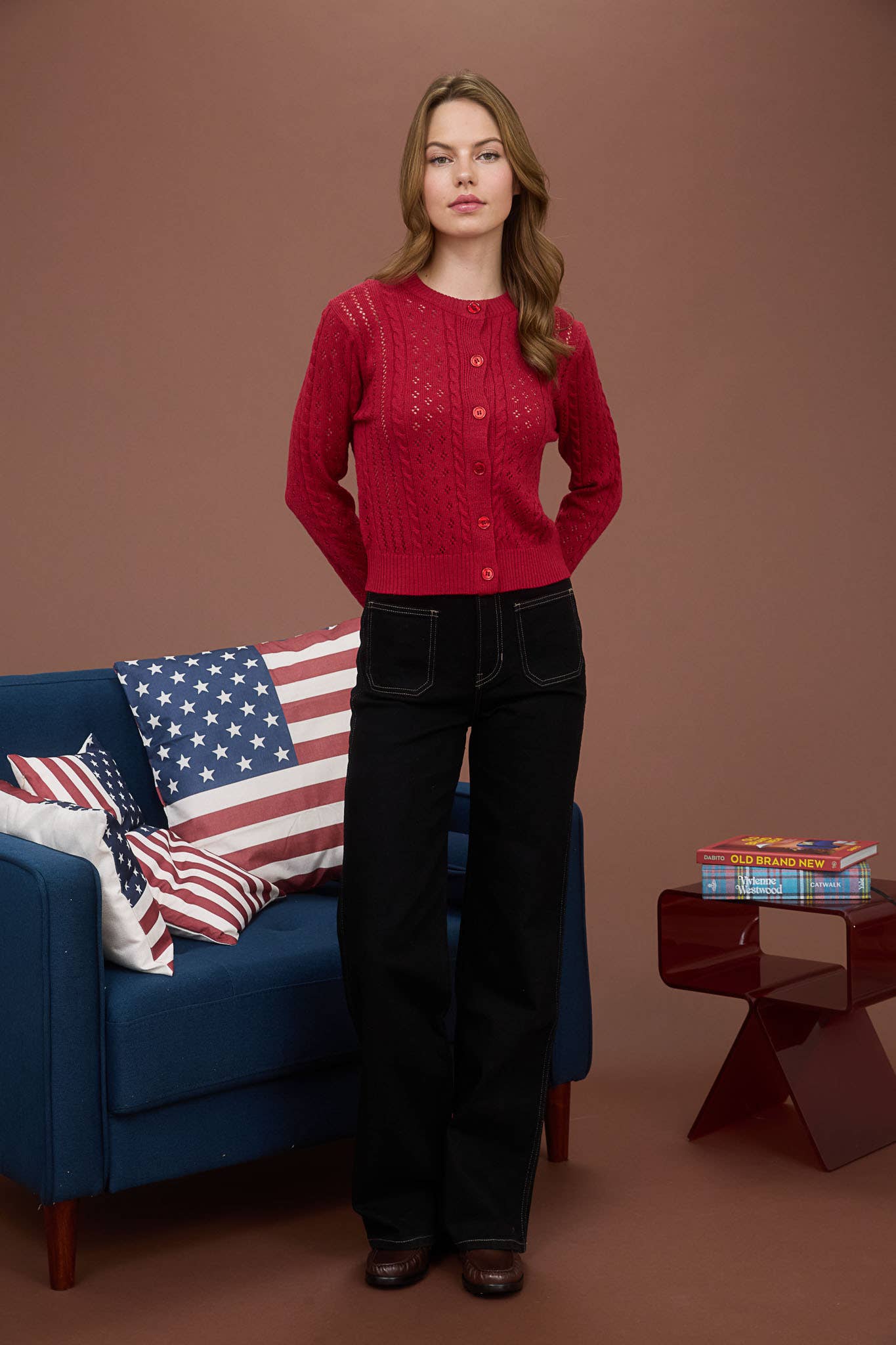 SHEER CABLE KNIT LONG SLEEVE BUTTON DOWN CARDIGAN