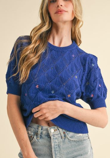 SS Sweater with Embroidered Flowers-Cobalt Blue