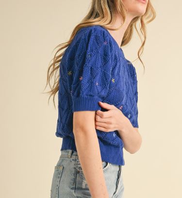 SS Sweater with Embroidered Flowers-Cobalt Blue