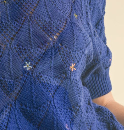 SS Sweater with Embroidered Flowers-Cobalt Blue