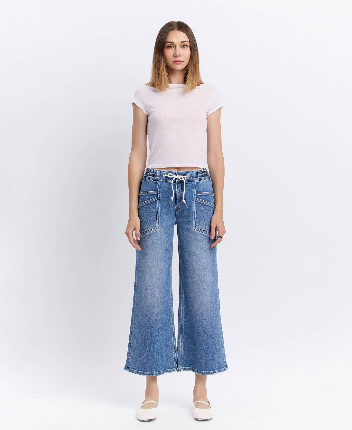 HIGH RISE DRAWSTRING WAISTBAND WIDE LEG JEANS