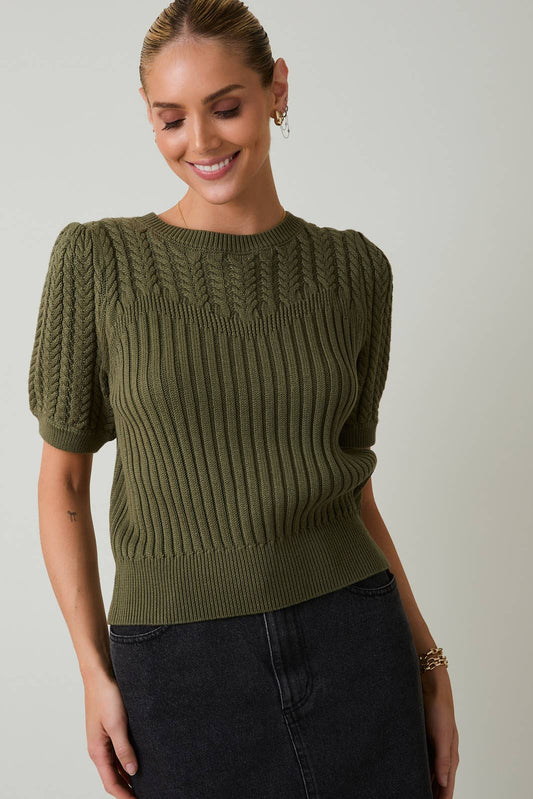 ROUND NECK PUFF SHORT SLEEVE CABLE SWEATER