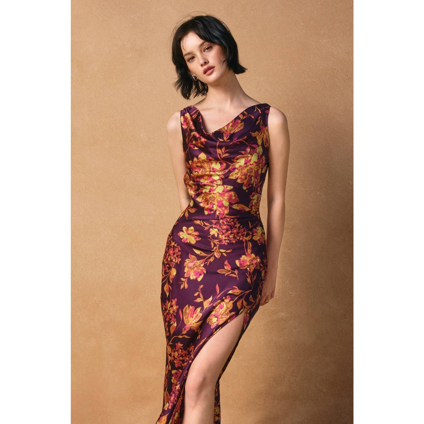 Crimson Garden Deep Drape Neck Midi Dress