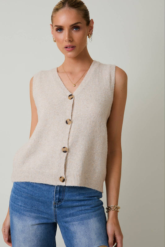 SLEEVELESS V-NECK BUTTON DOWN SWEATER TOP