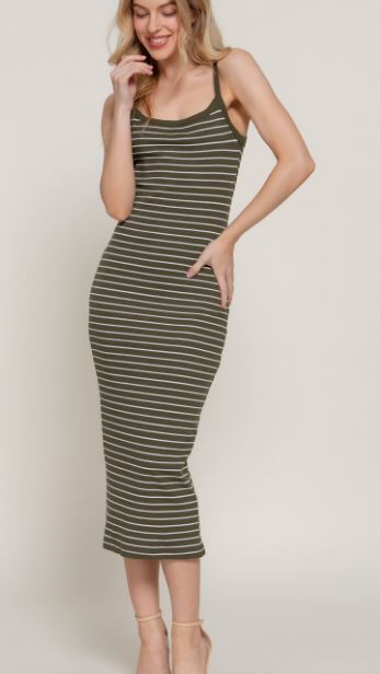 Ribbed Striped Bodycon Dress - Olive/White
