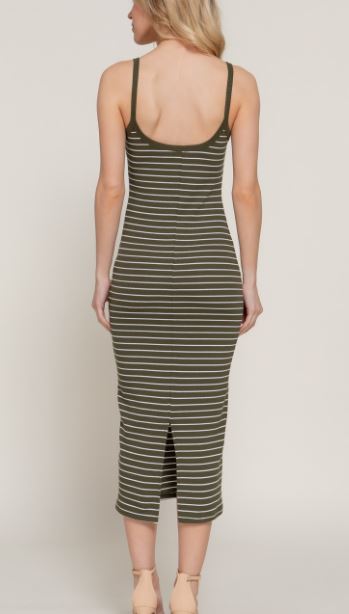 Ribbed Striped Bodycon Dress - Olive/White