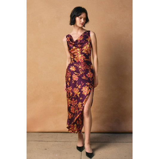 Crimson Garden Deep Drape Neck Midi Dress