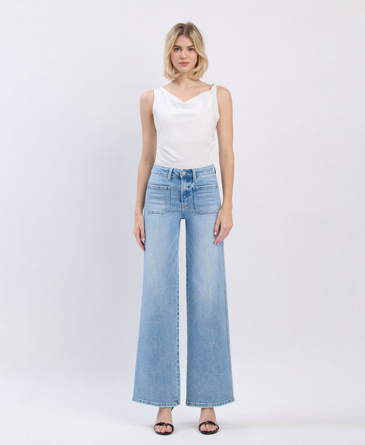 HIGH RISE PATCH POCKET WIDE LEG JEANS