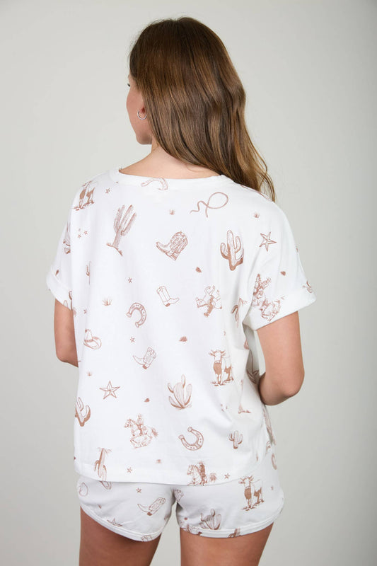 WESTERN PRINT CUFF SLEEVE KNIT T-SHIRT