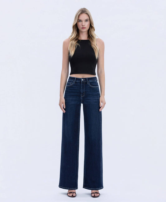 HIGH RISE DARK WASH FULL LENGTH WIDE JEANS