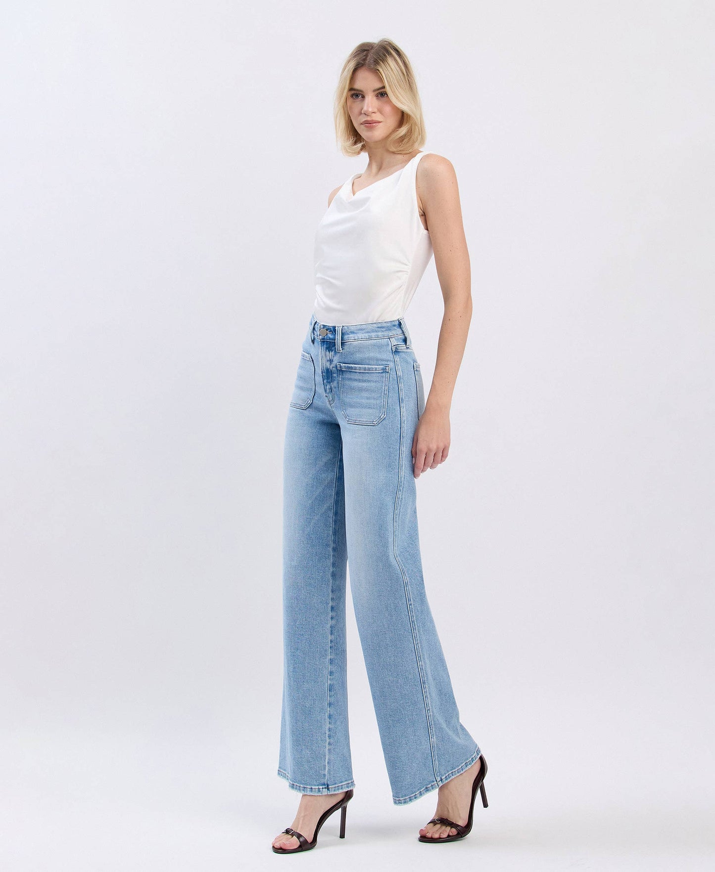 HIGH RISE PATCH POCKET WIDE LEG JEANS