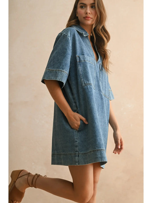 V neck denim tunic dress