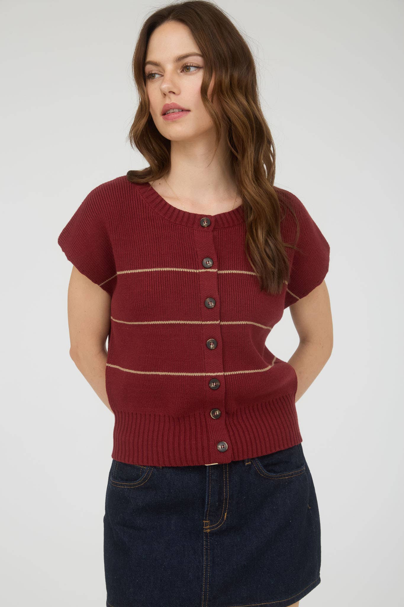 STRIPE BUTTON DOWN SHORT SLEEVE KNIT CARDIGAN