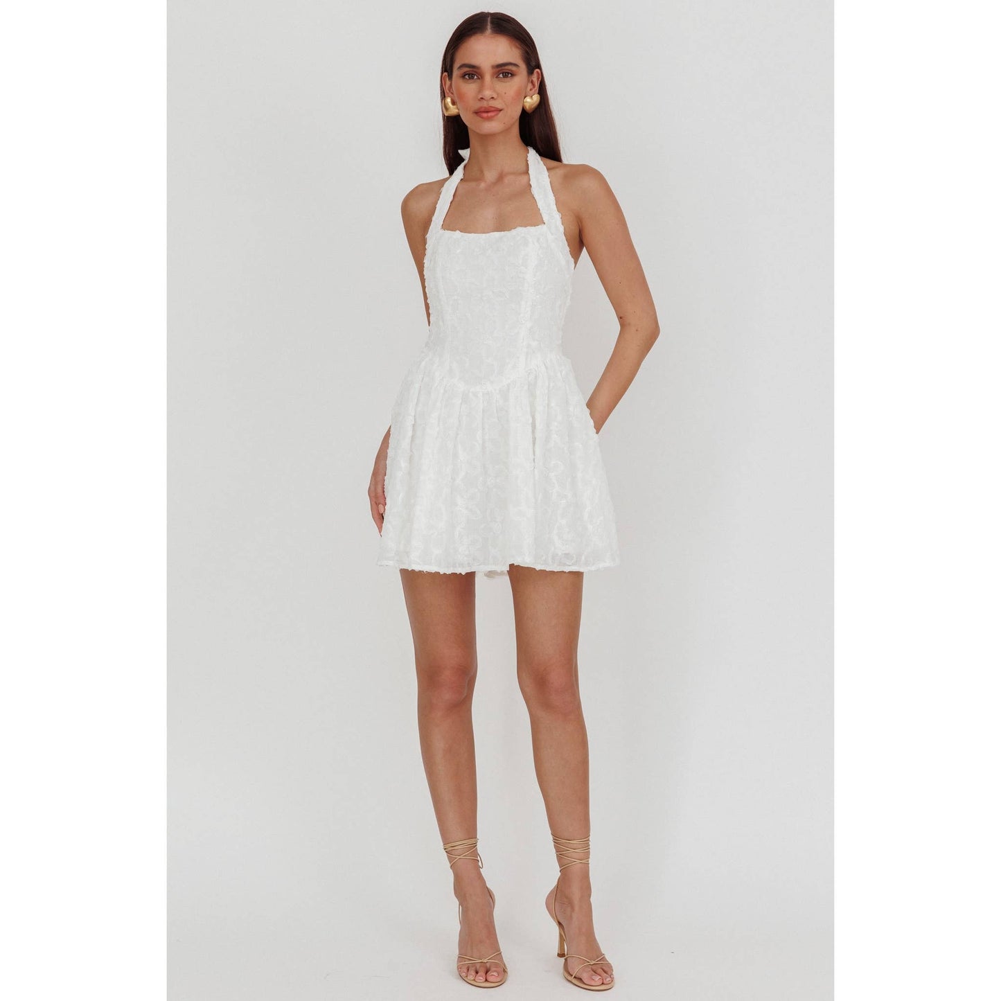 HALTER EMBELLISHED MINI DRESS