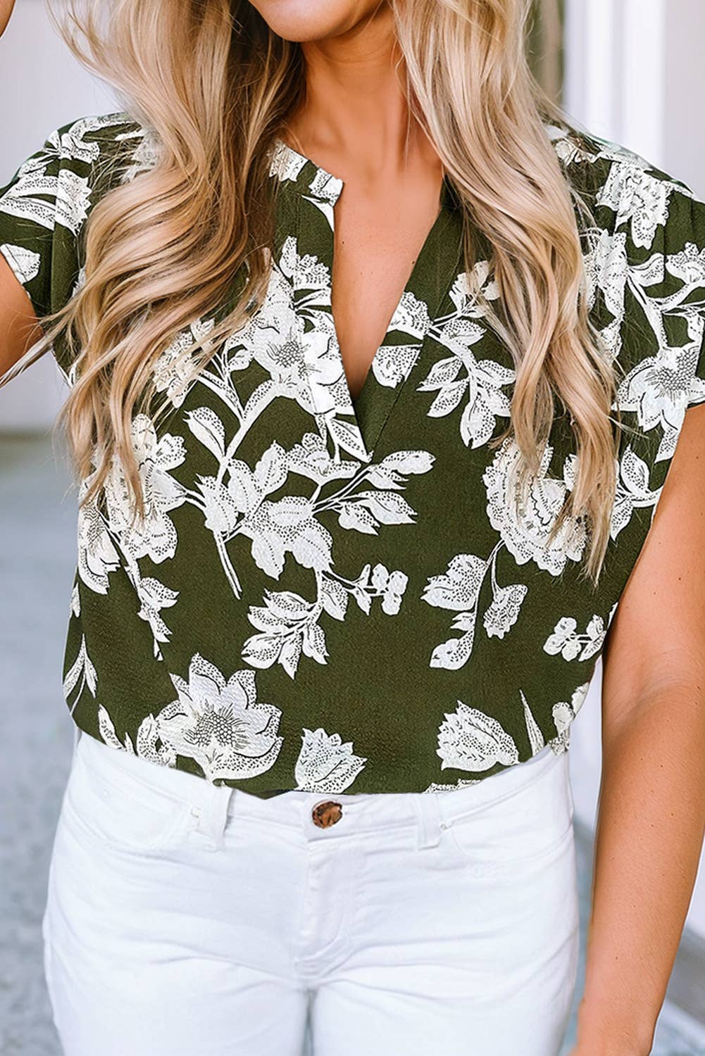 Floral Print Split Neck Short Sleeve Blouse - Olive Green