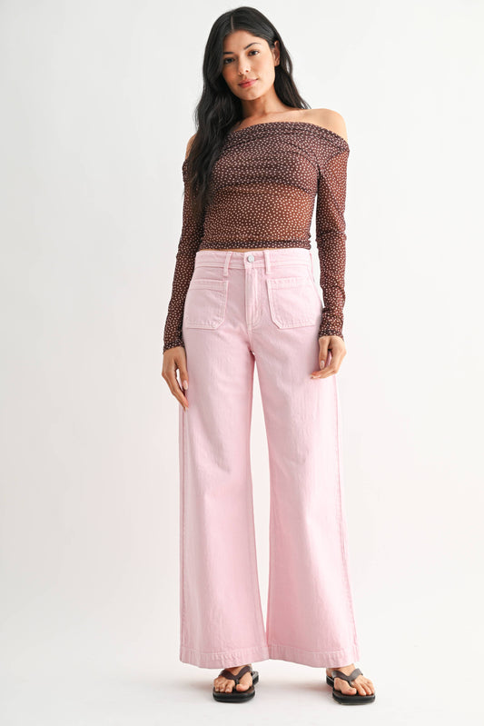 Pastel Pink Micro Patch Pocket Wide Leg Jean
