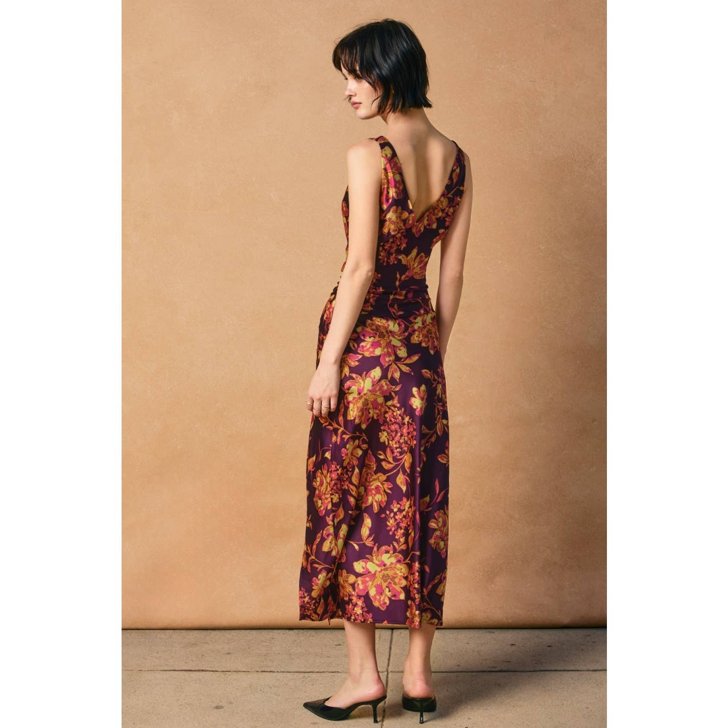 Crimson Garden Deep Drape Neck Midi Dress