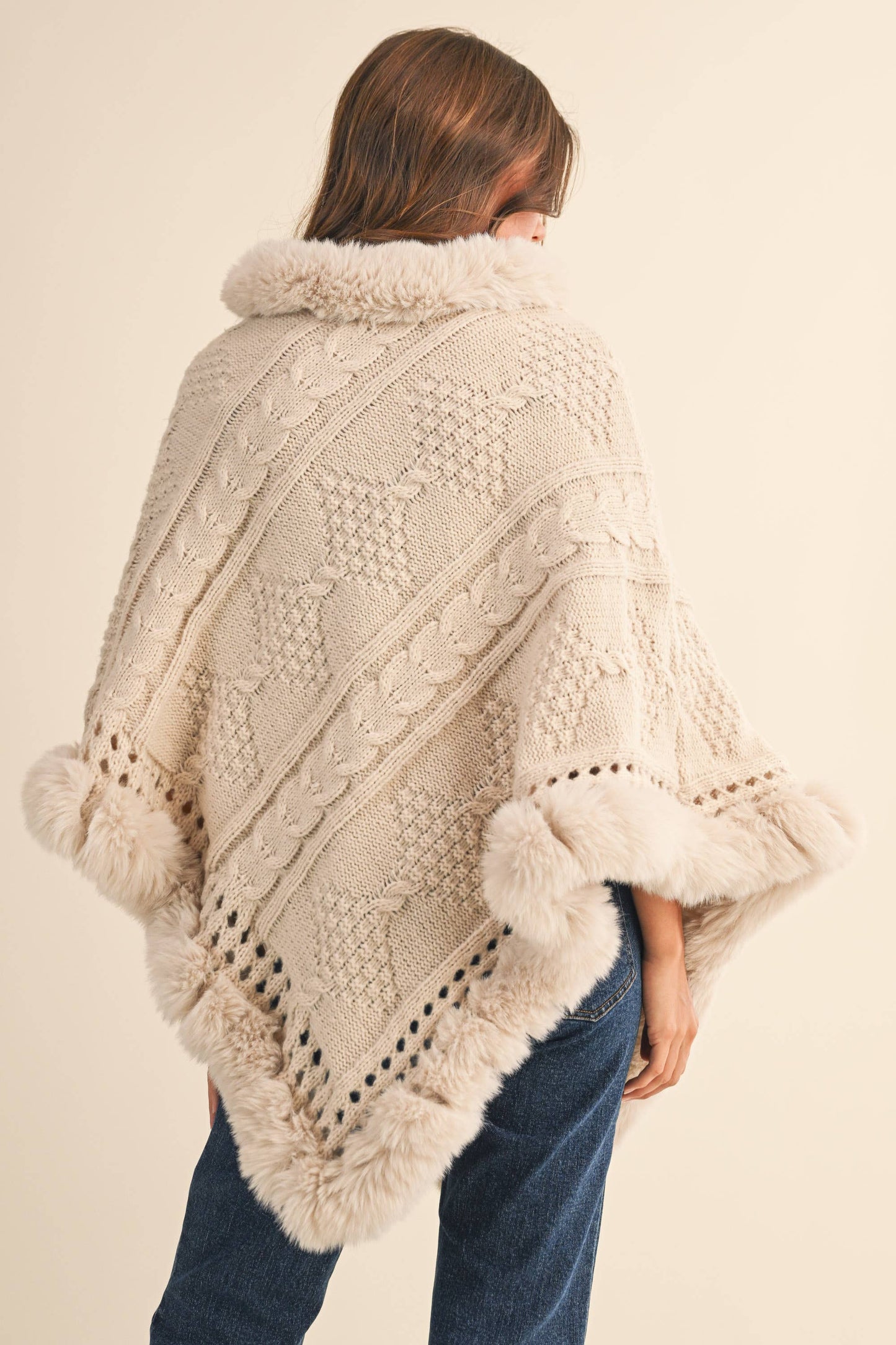 FAUX FUR TRIM SWEATER PONCHO