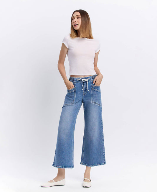 HIGH RISE DRAWSTRING WAISTBAND WIDE LEG JEANS