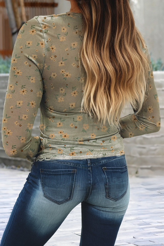 Vintage Floral Print Southern Style Mesh Long Sleeve Top