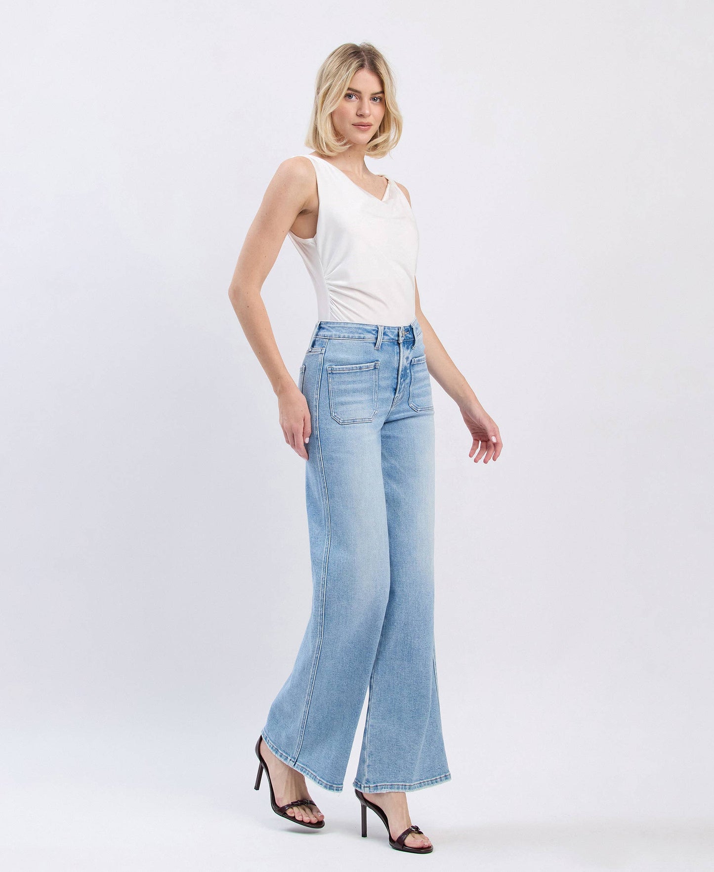 HIGH RISE PATCH POCKET WIDE LEG JEANS