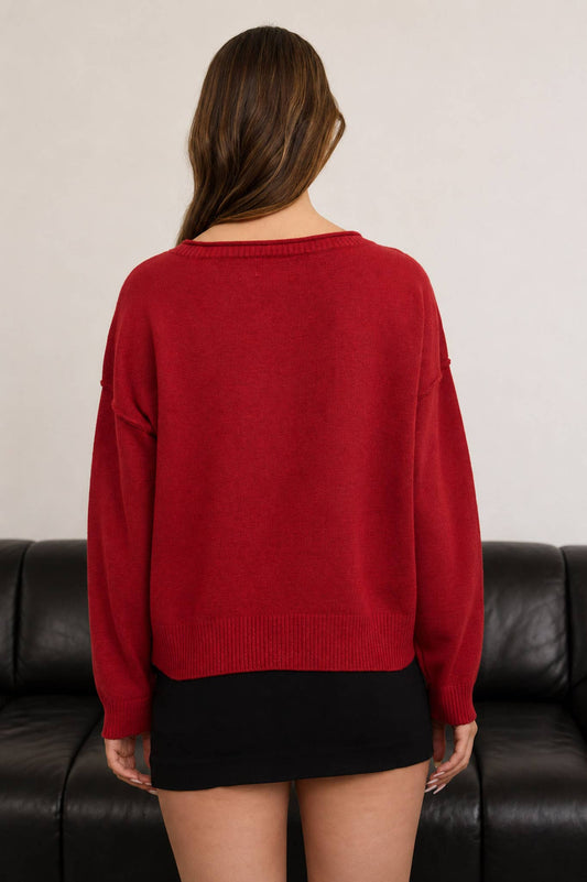 BOAT NECK RAW EDGE RELAXED KNIT PULLOVER SWEATER
