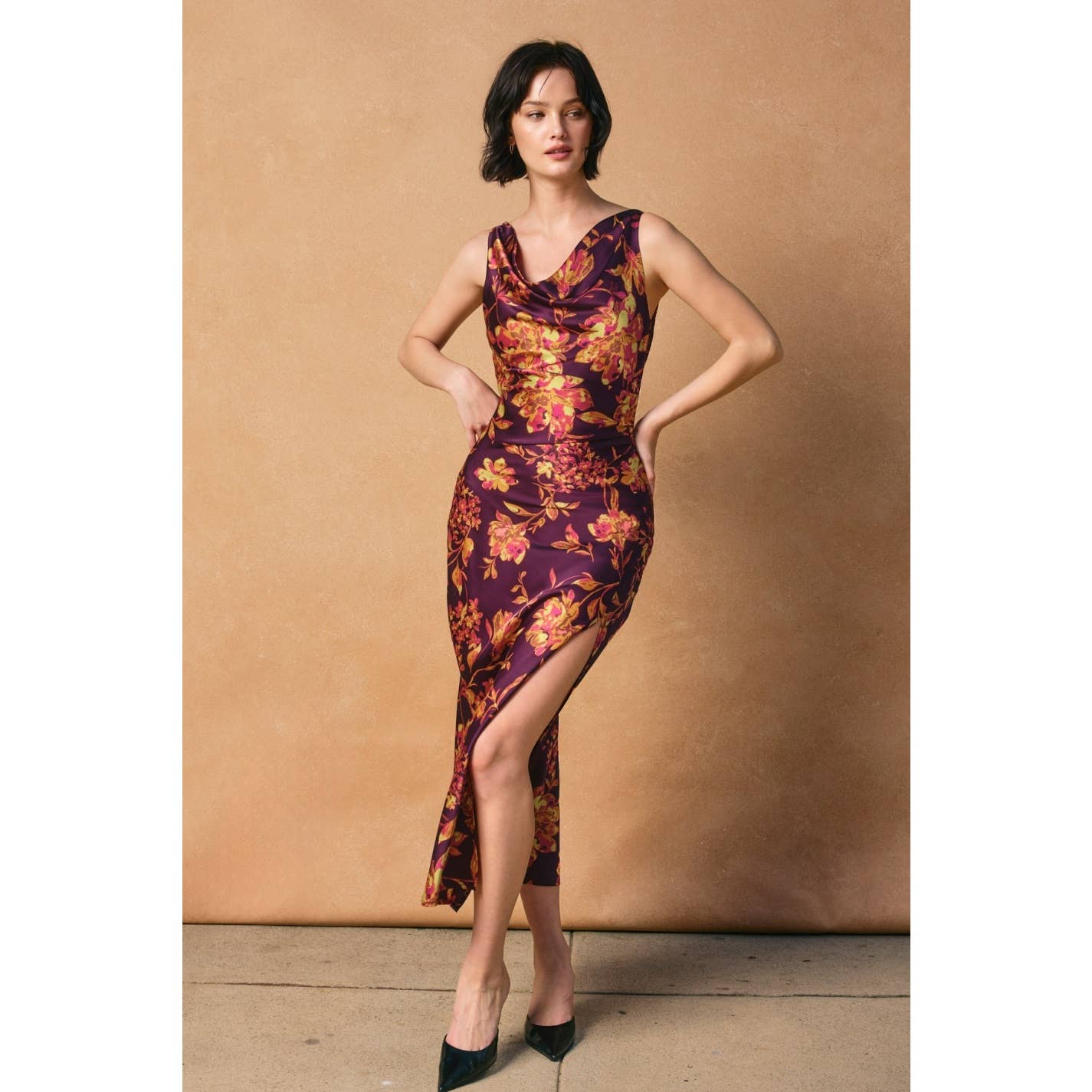 Crimson Garden Deep Drape Neck Midi Dress