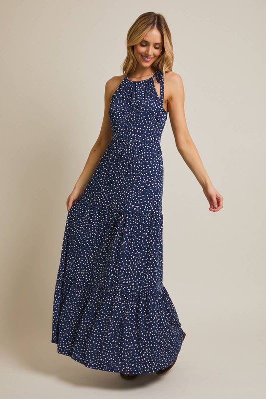HALTER NECK SLEEVELESS DOT MAXI DRESS