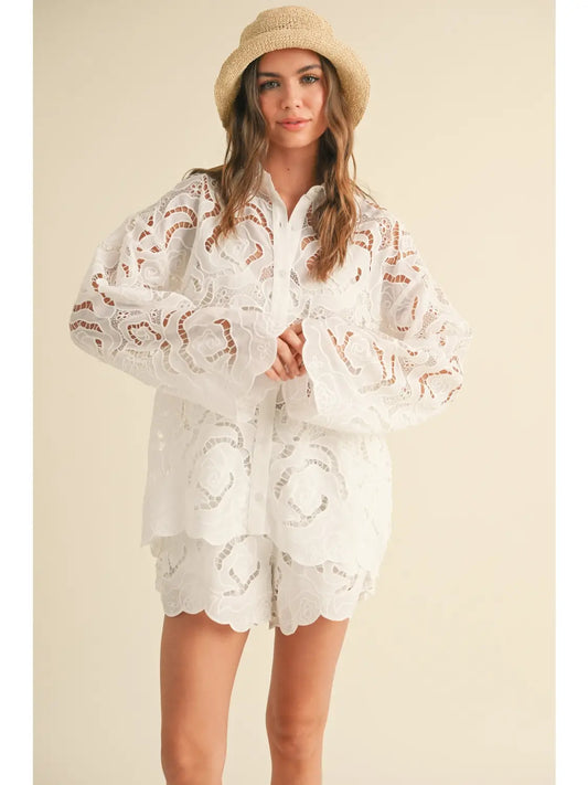 Floral eyelet patterned shorts