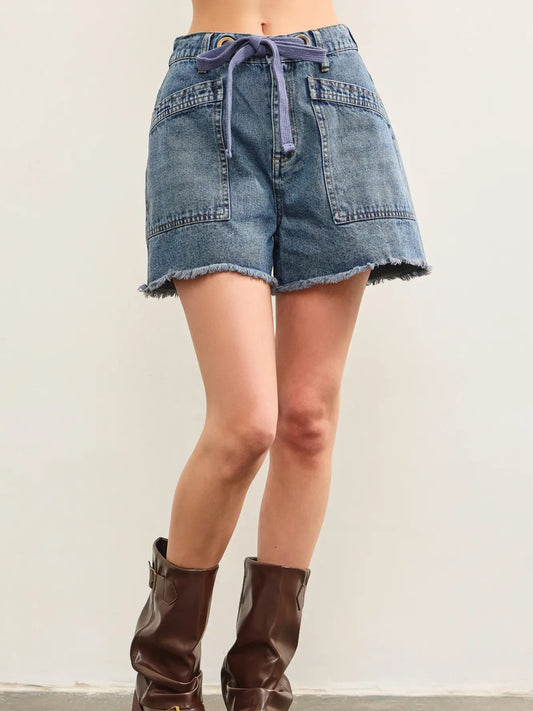 Tied front raw edge denim shorts