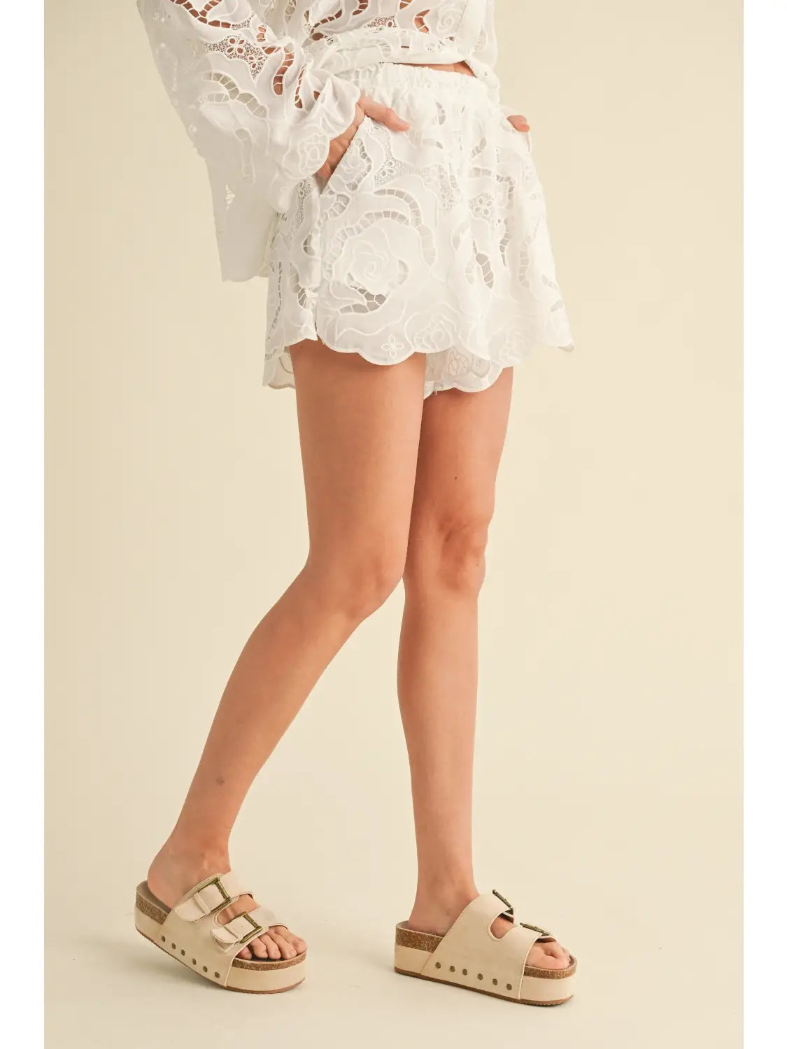 Floral eyelet patterned shorts
