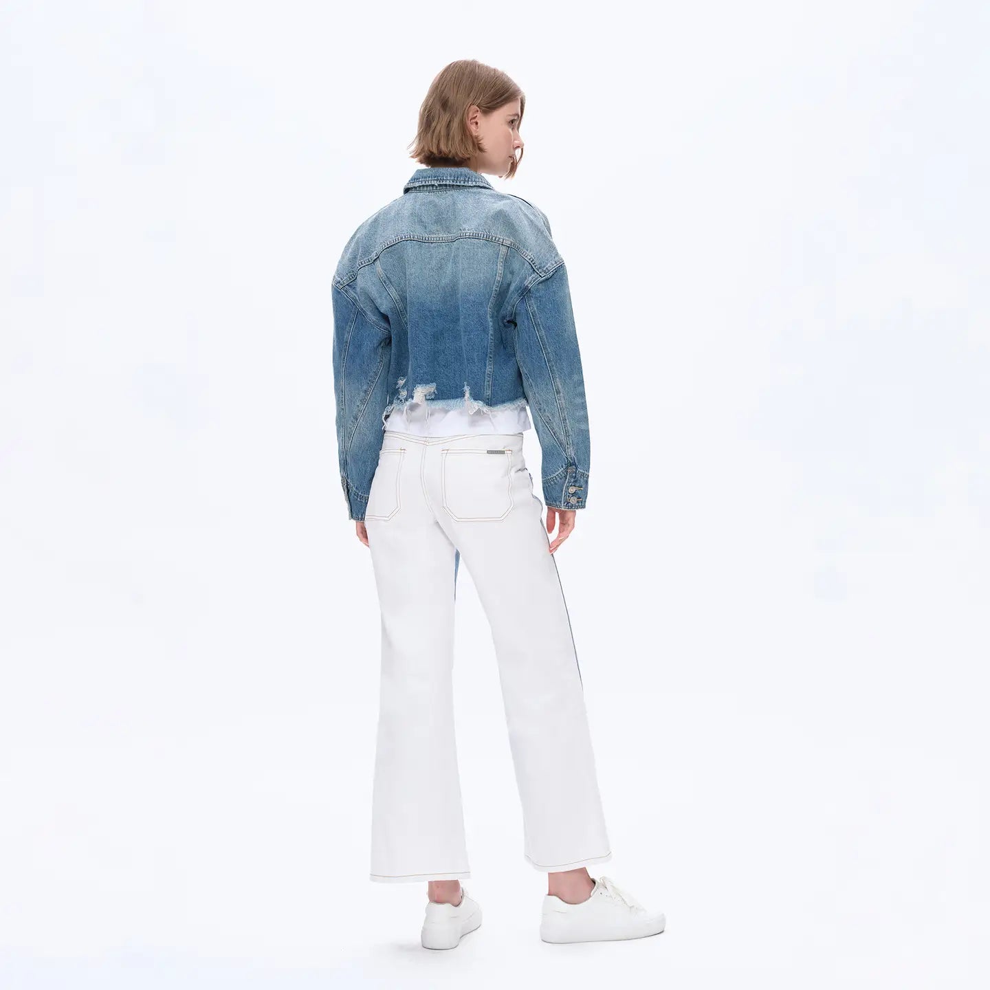 Mid rise two tone wide leg denim