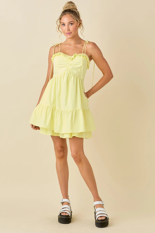 Ruffled neck yellow mini dress