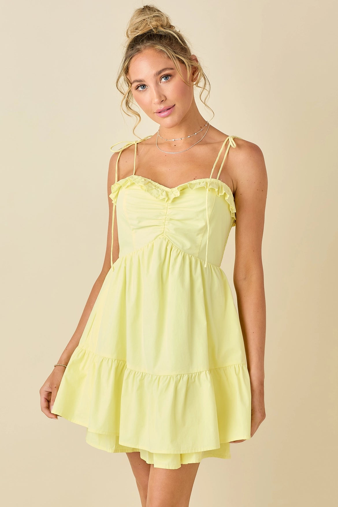 Ruffled neck yellow mini dress