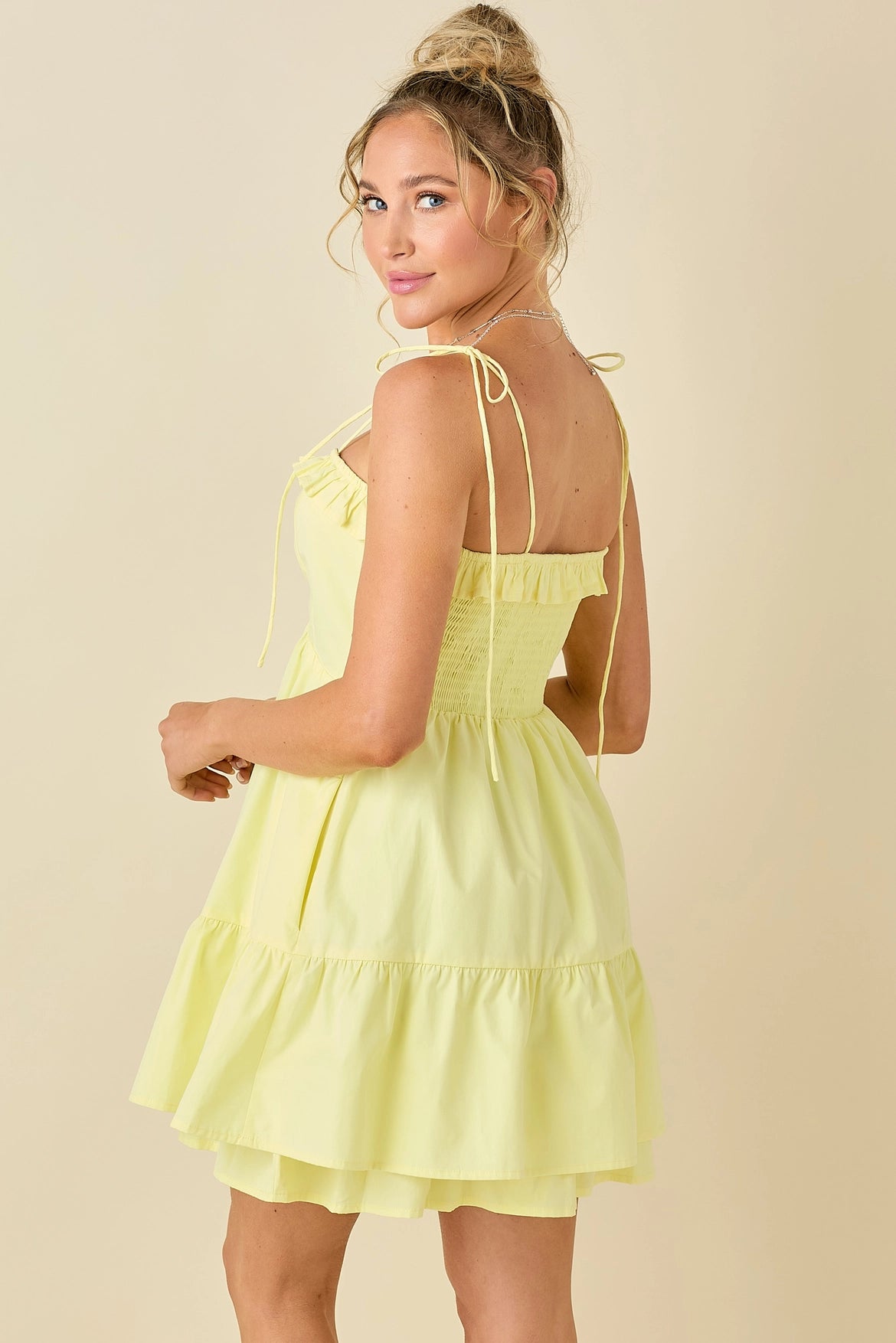 Ruffled neck yellow mini dress