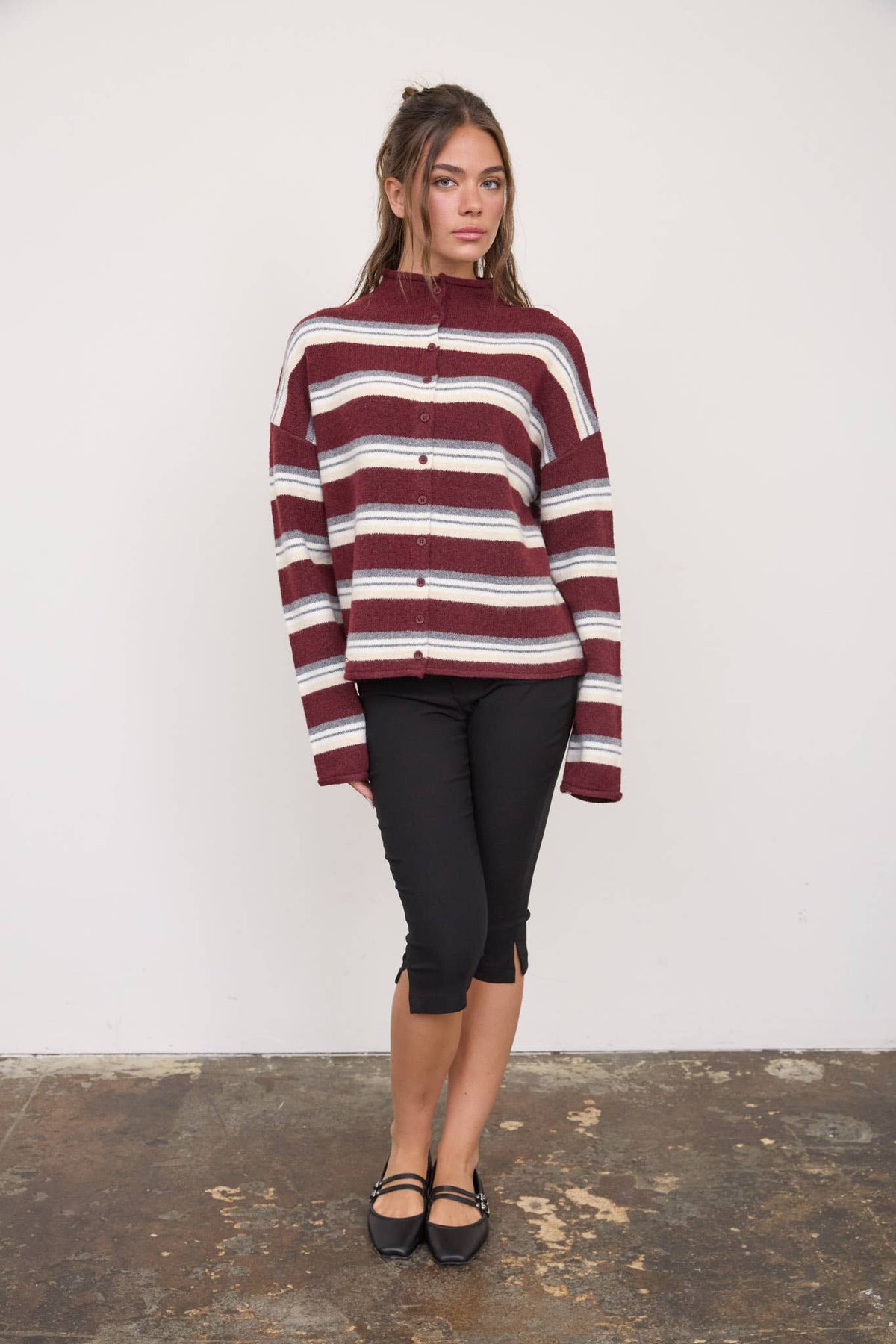 MULTI-COLOR STRIPE ROLLED NECK KNIT CARDIGAN