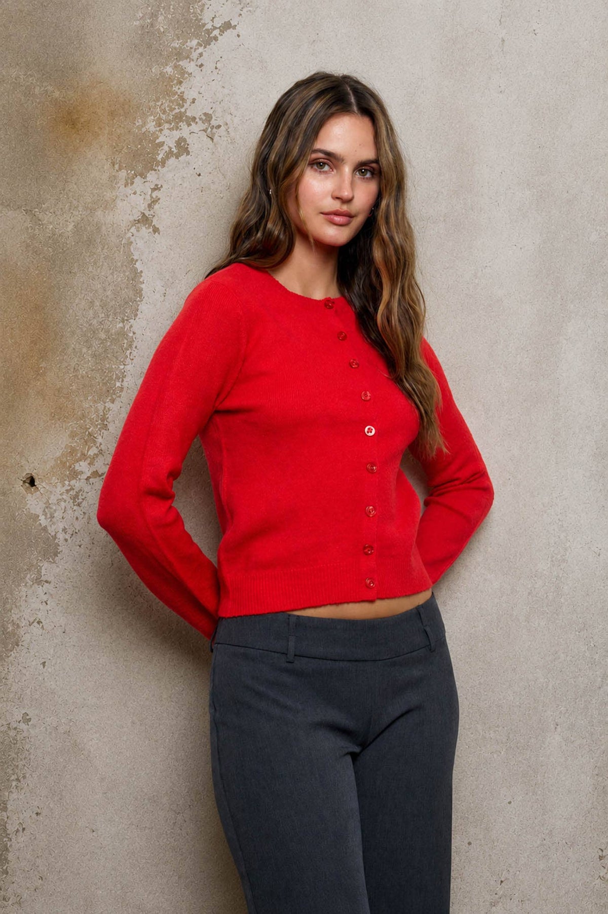 ROUND NECK BUTTON DOWN LONG SLEEVE CARDIGAN