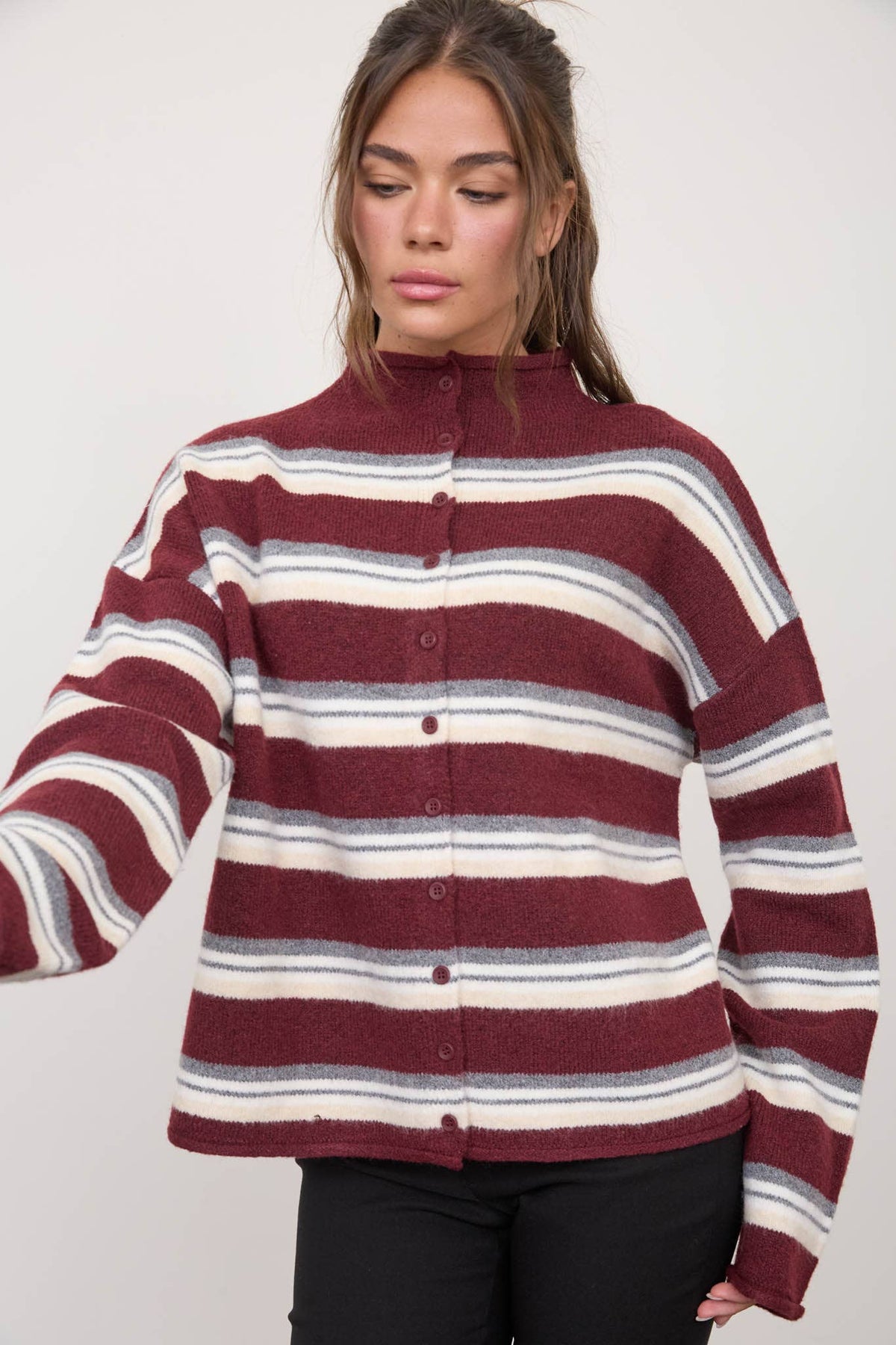 MULTI-COLOR STRIPE ROLLED NECK KNIT CARDIGAN