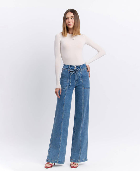 SUPER HIGH RISE TIE WAISTBAND WIDE LEG JEANS