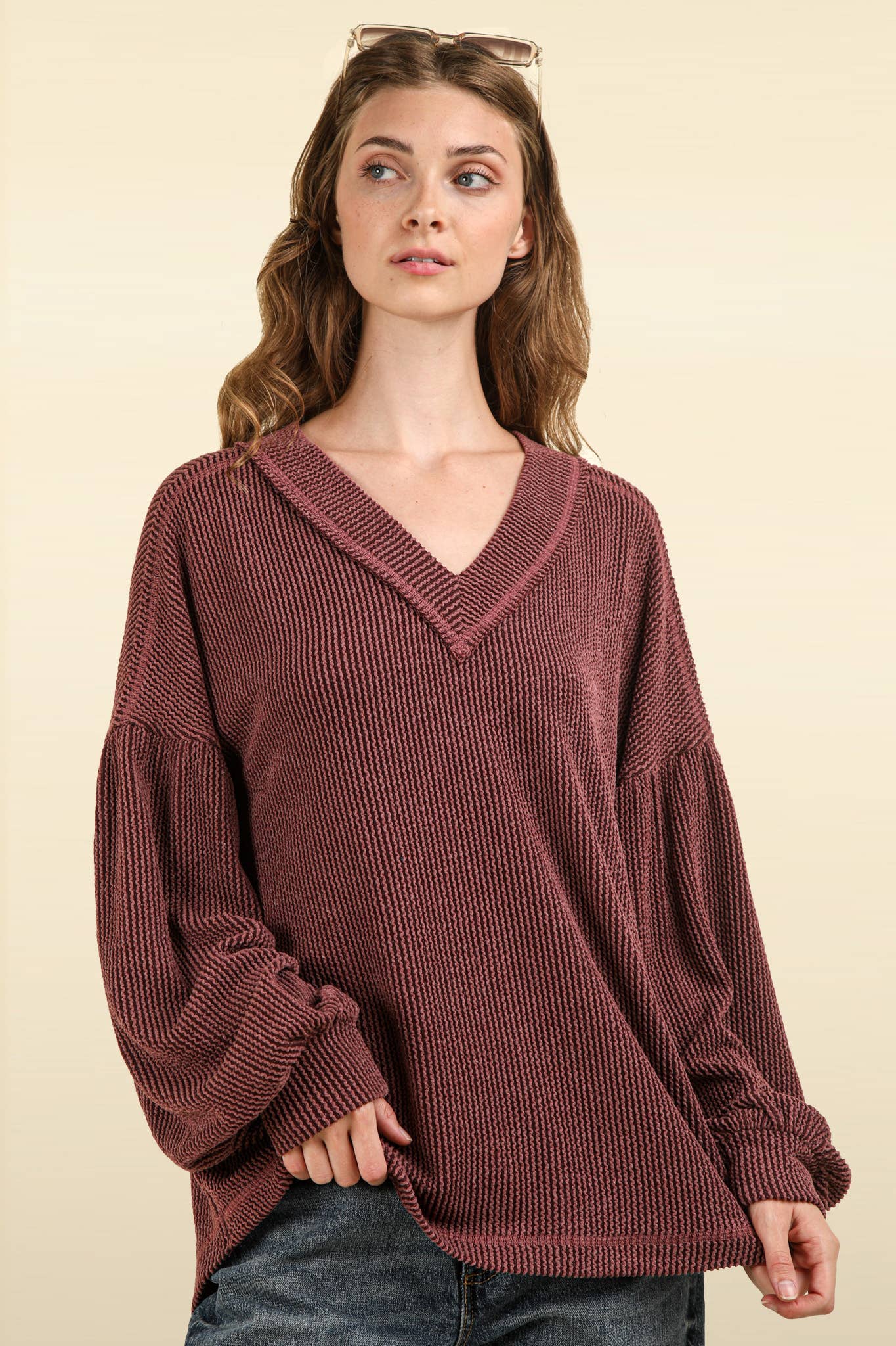 US Two Tone Otto Ribbed V-Neck Oversized Knit Top