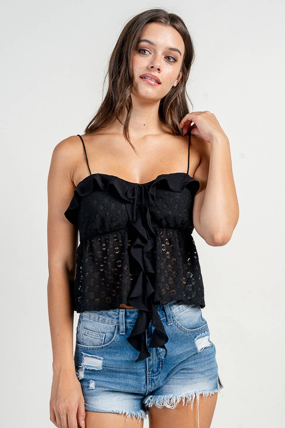 Spaghetti strap tank with CASCADE RUFFLE DETAIL