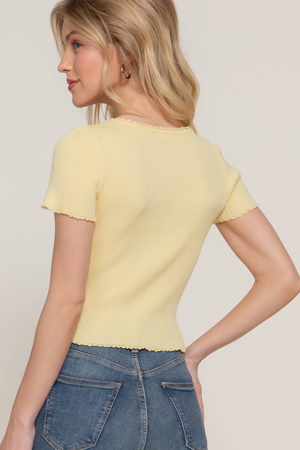 Short Sleeve Scoop Neck With Scallop Detail Spring Sweater
