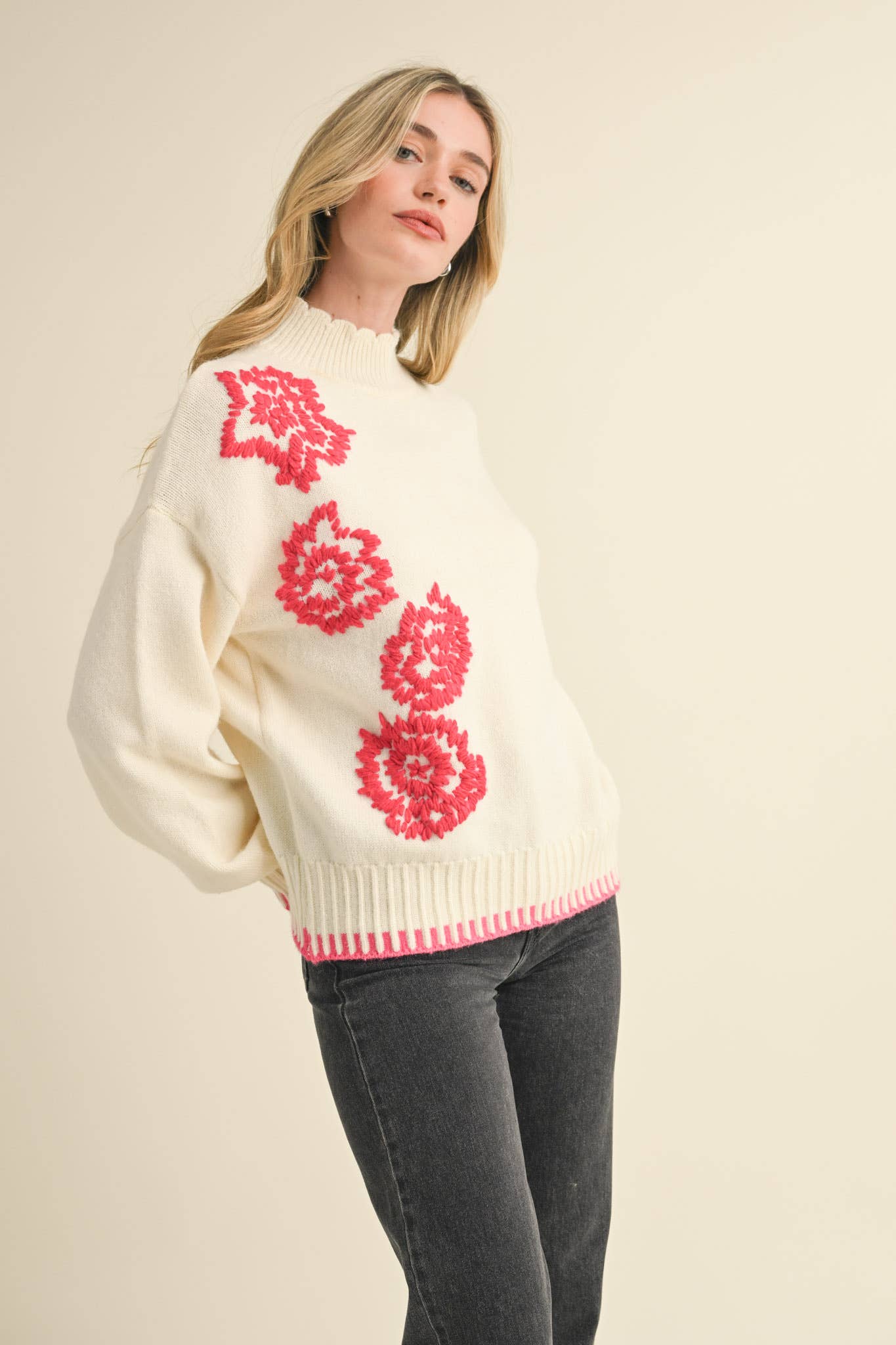 FLORAL EMBROIDERY MOCK NECK SWEATER