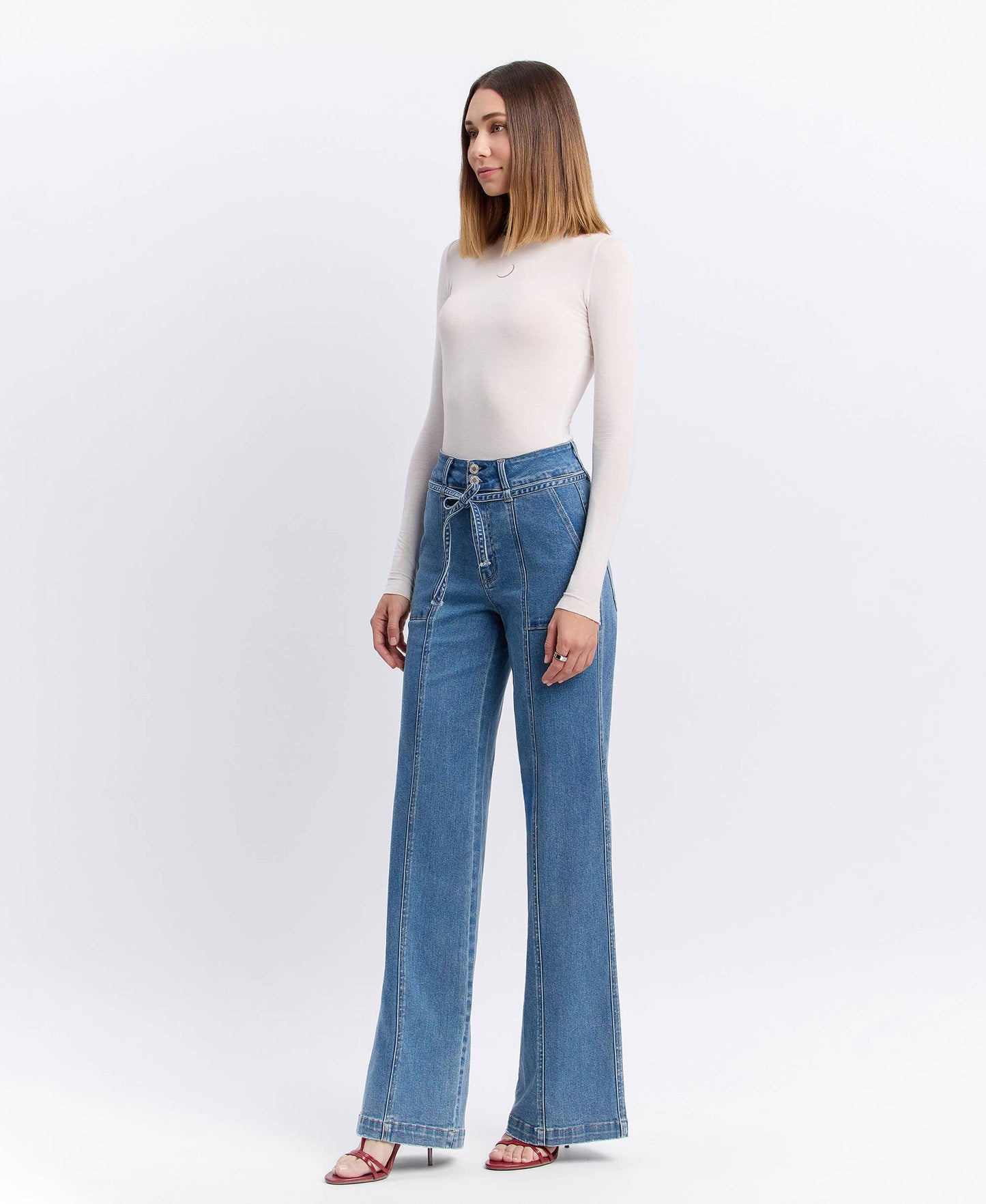 SUPER HIGH RISE TIE WAISTBAND WIDE LEG JEANS