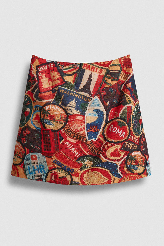 Travel Patch Print A-Line Mini Skirt