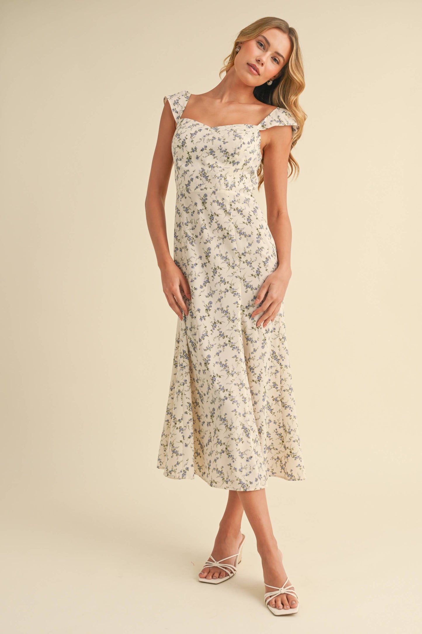 CAP SLEEVE FIT AND FLARE FLORAL PRINTED MIDI DRESS